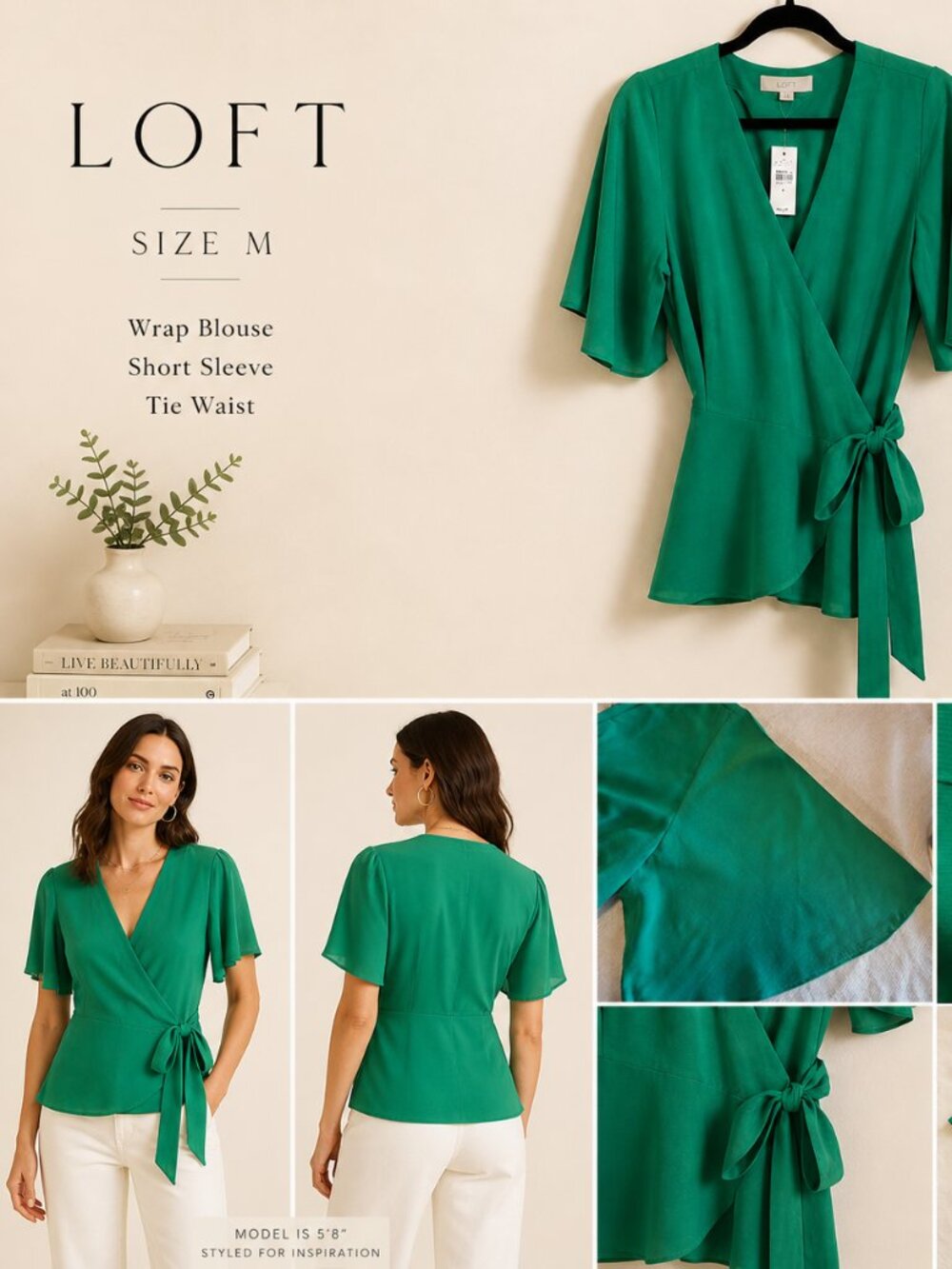 LOFT Green Wrap Blouse with Tie Waist